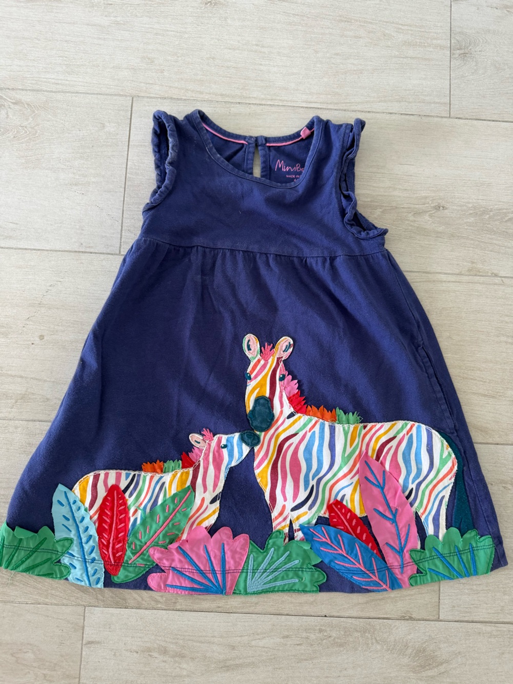 Mini Boden Navy Dress with Colorful Zebra Appliqués